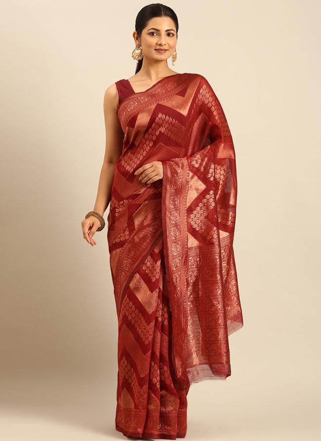 Cotton Red Casual Wear Weaving Saree